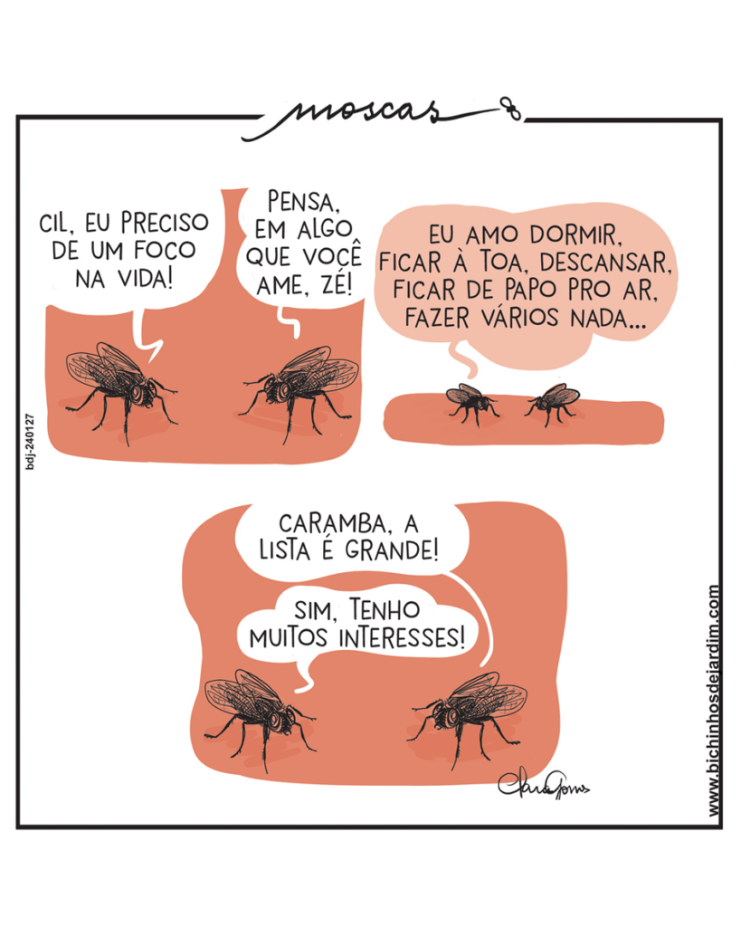 Tirinha com três quadros, fundo em tom alaranjado. Os personagens são Zé e Cil, duas moscas.

Q1: Zé diz: “Cil, eu preciso de um foco na vida!”. Cil responde: “Pensa em algo que você ame, Zé!”.

Q2: Zé lista: “Eu amo dormir, ficar à toa, descansar, ficar de papo pro ar, fazer vários nada…”.

Q3: Cil comenta: “Caramba, a lista é grande!”. Zé conclui: “Sim, tenho muitos interesses!”.